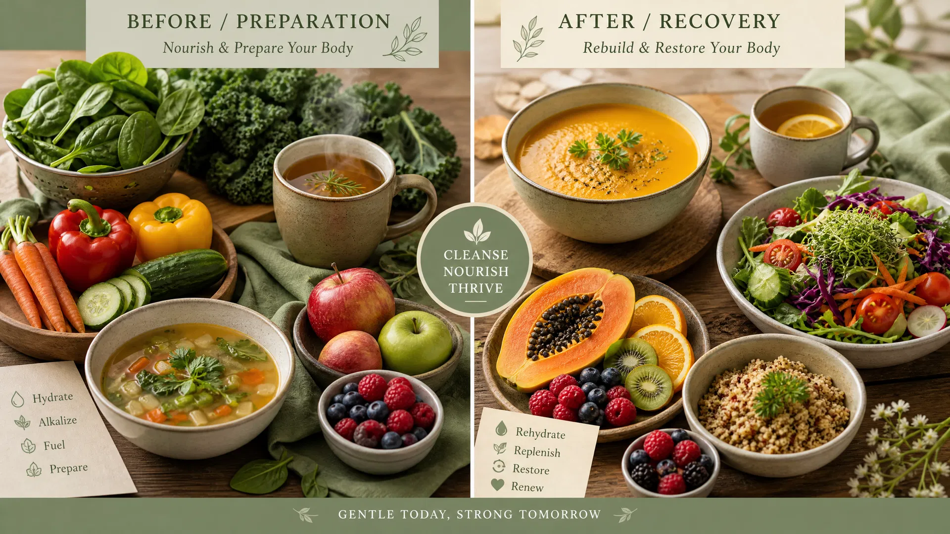 "Split-screen image showing preparation foods on the left (fresh vegetables, herbal tea, light meals) and post-cleanse recovery foods on the right (soups, fruits, salads), illustrating the cleanse journey"