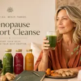 ginger-glo-blog-menopause-cleanse Mature woman in warm terracotta clothing holding a vibrant green detox juice, surrounded by cleanse bottles in emerald, ruby, and gold tones, fresh ginger root, turmeric, leafy greens, and wellness elements in a spa-like setting