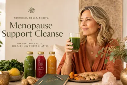 Mature woman in warm terracotta clothing holding a vibrant green detox juice, surrounded by cleanse bottles in emerald, ruby, and gold tones, fresh ginger root, turmeric, leafy greens, and wellness elements in a spa-like setting