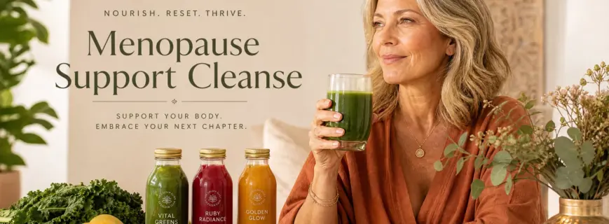 Mature woman in warm terracotta clothing holding a vibrant green detox juice, surrounded by cleanse bottles in emerald, ruby, and gold tones, fresh ginger root, turmeric, leafy greens, and wellness elements in a spa-like setting