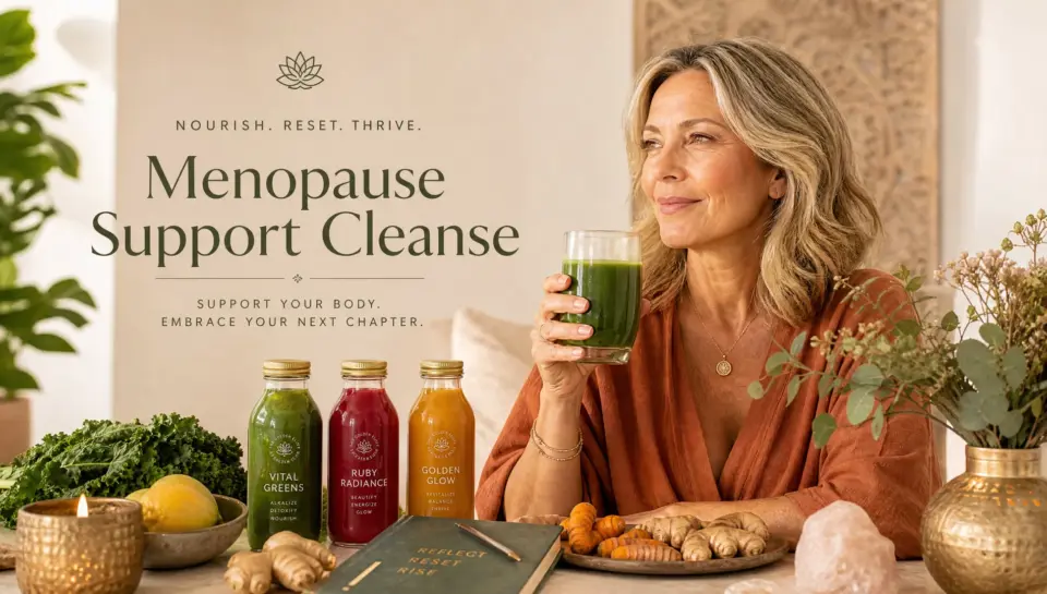 Mature woman in warm terracotta clothing holding a vibrant green detox juice, surrounded by cleanse bottles in emerald, ruby, and gold tones, fresh ginger root, turmeric, leafy greens, and wellness elements in a spa-like setting