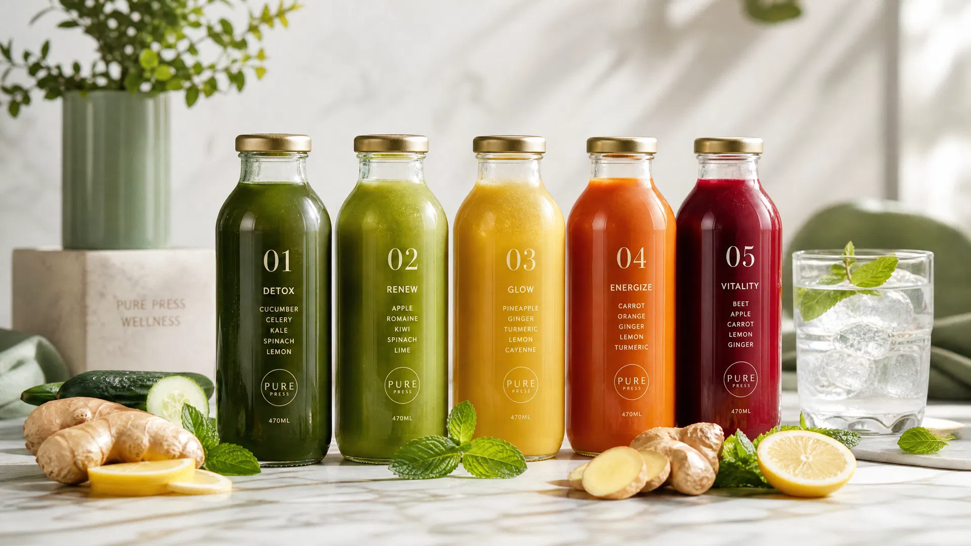 Five numbered Ginger & Glo cleanse bottles arranged on a marble surface with fresh herbs and water, representing the complete daily cleanse program