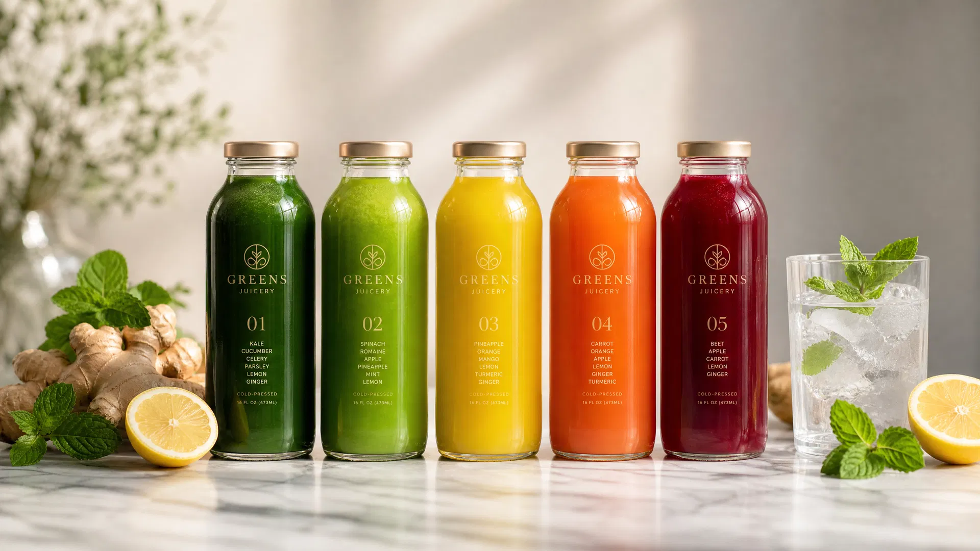 "Five numbered Ginger & Glo cleanse bottles arranged on a marble surface with fresh herbs and water, representing the complete daily cleanse program"