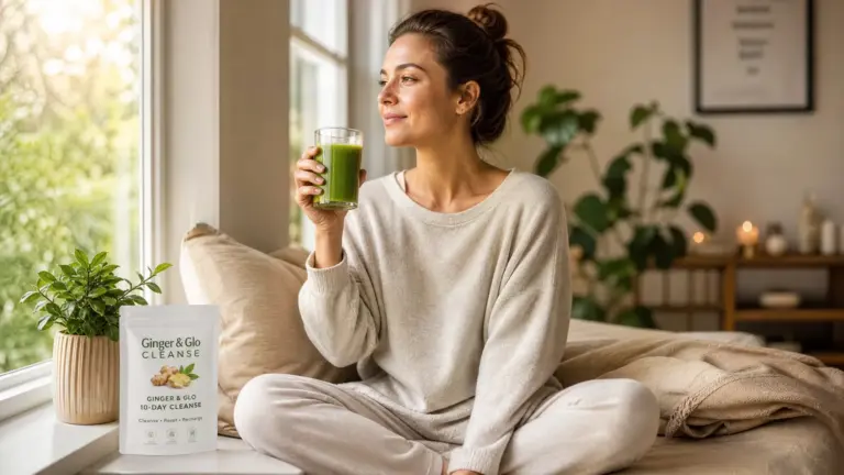 "A woman in a peaceful meditation pose by a window with natural light, holding a glass of fresh Ginger & Glo cleanse juice, representing wellness and calm during the cleanse journey"