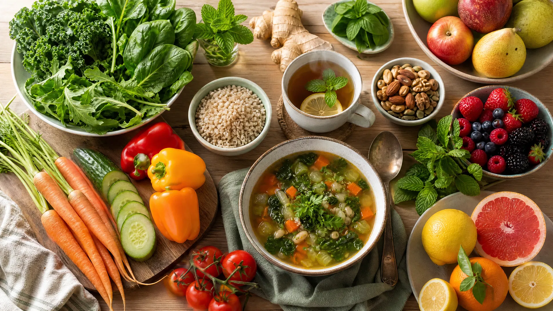 "Overhead flat-lay of fresh, light pre-cleanse foods including leafy greens, fresh vegetables, herbal tea, fresh fruits, and light soups arranged on a light wooden surface with natural sunlight"