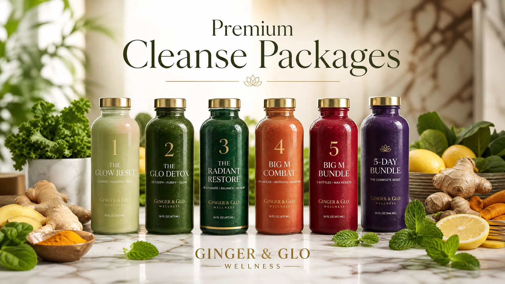 All six Ginger & Glo premium cleanse bottles arranged on marble with fresh ginger, turmeric, mint, and lemon - The Glow Reset, Glo Detox, Radiant Restore, Big M Combat, Big M Bundle, and 5-Day Bundle